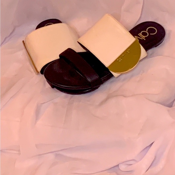 Calvin Klein | Shoes | Calvin Klein White And Black Summer Sandals With  Gold Accent Size 9 | Poshmark